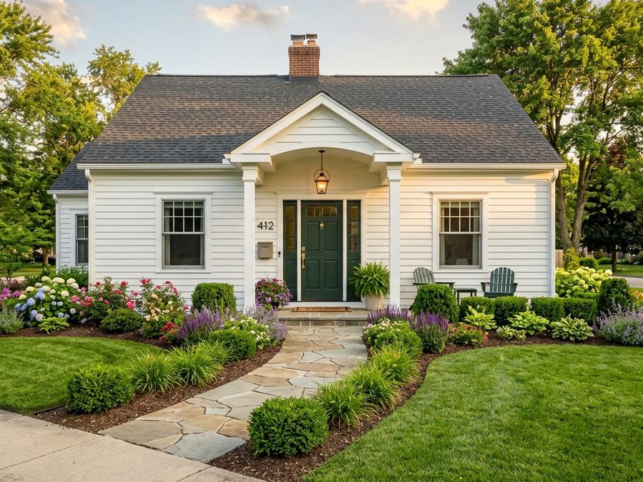 Renovated home exterior with manicured garden and stone pathway