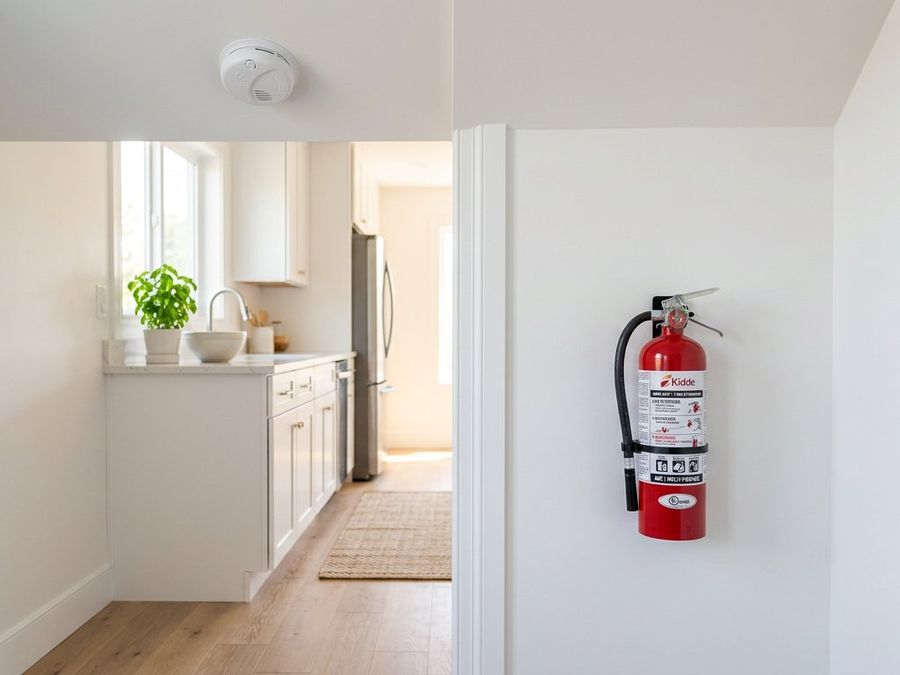 Smoke detector and fire extinguisher keeping a modern home safe