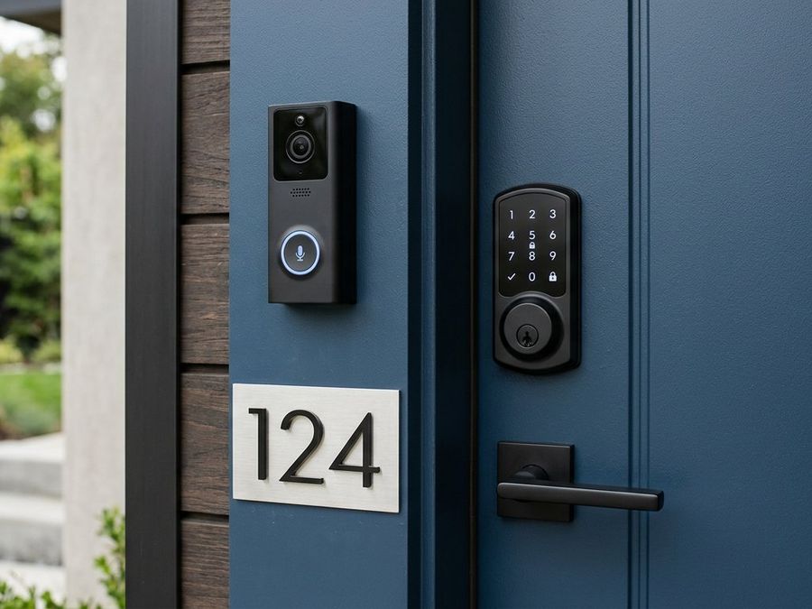 Modern smart lock and video doorbell on a contemporary front door